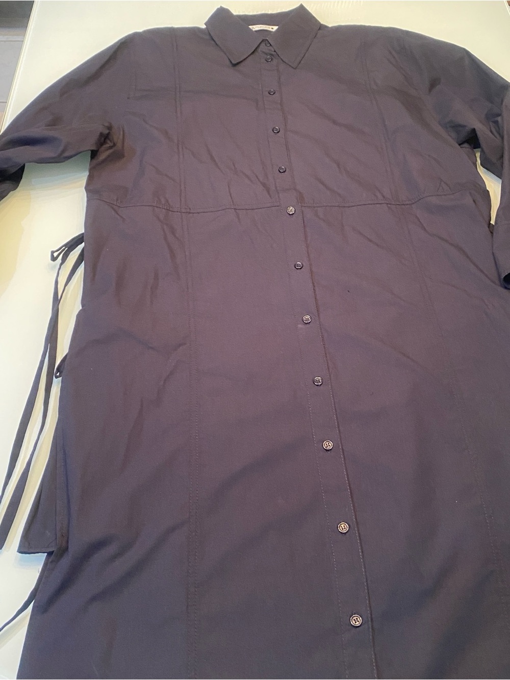 ZARA Dark Navy Blue Poplin Button Down Side Tie Slit Midi Shirt Dress Size Large